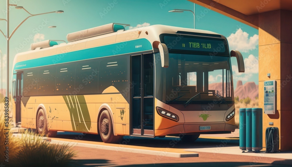 Electric city bus at a charging station, generative ai
