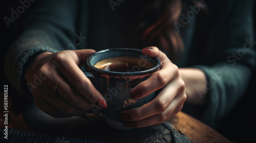 Closeup of woman hands holding cup of tea. generative ai
