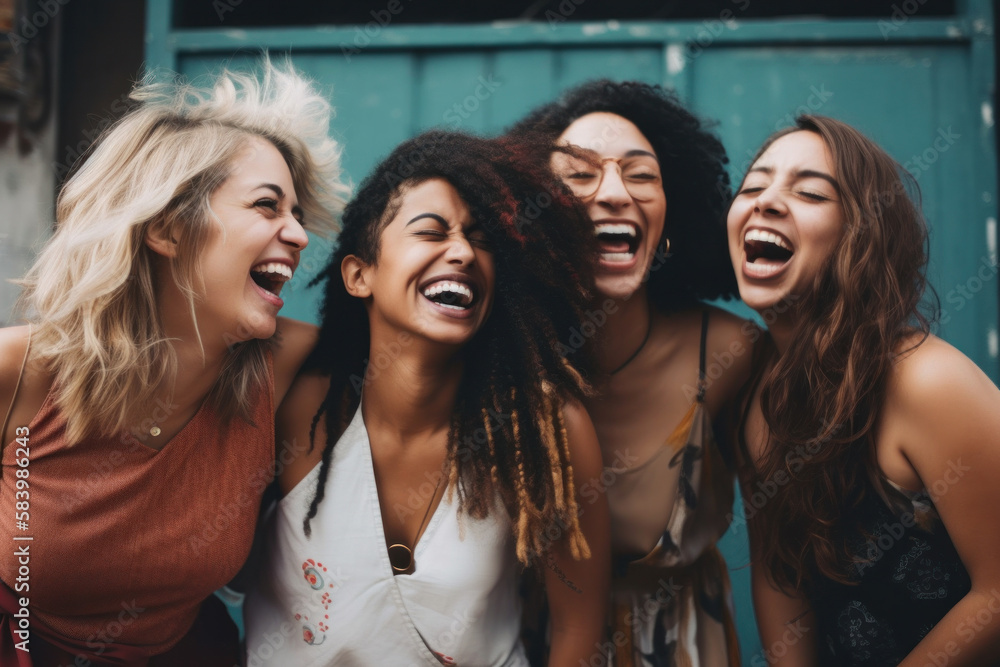 Fototapeta premium A diverse group of female women friends all laughing and having fun together. Generative ai