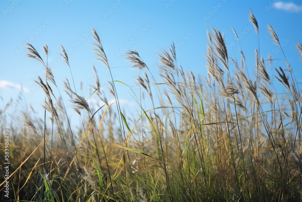  a bunch of tall grass blowing in the wind on a sunny day.  generative ai