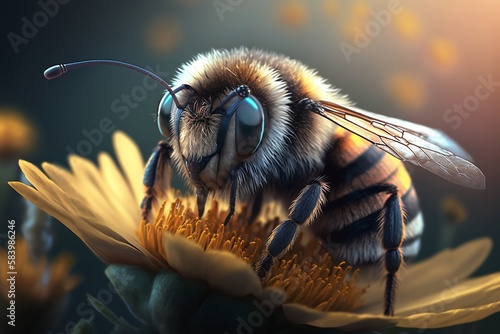 Close-up honey bee sits on a flower and collects nectar. Generative AI