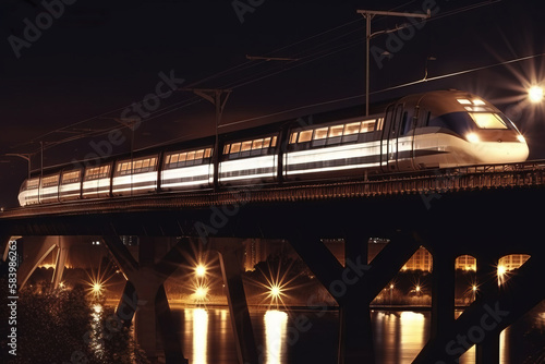  a train traveling over a bridge at night with lights on. generative ai