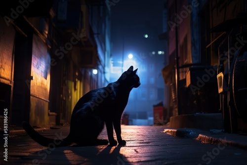  a black cat sitting on the ground in the street at night. generative ai