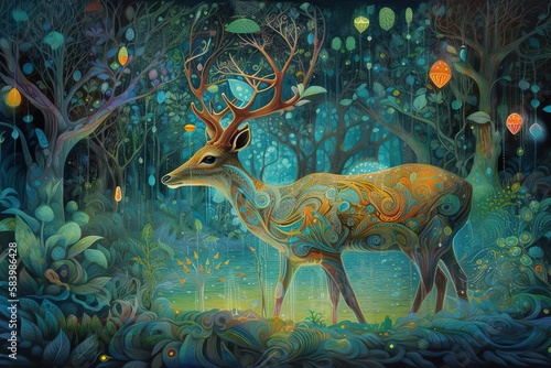  a painting of a deer standing in a forest with lanterns. generative ai