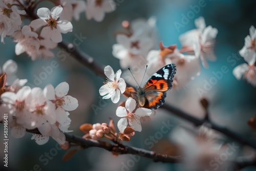  a butterfly sitting on a branch of a tree with white flowers. generative ai