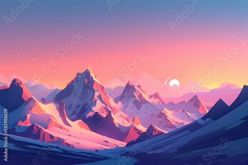 Sun over snowy mountains, Beautiful mountain landscape. AI Generated