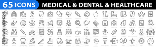 Medicine and Health. Dental icon set. Healthcare icon collection. Medicine outline 65 icon set. Vector illustration.