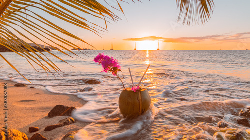 Noix de coco fraîche sur le sable au coucher de soleil en Martinique, Antilles Françaises.	 photo