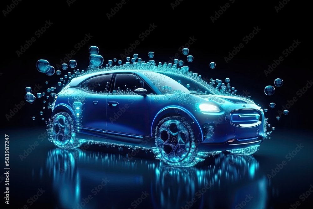 Hydrogen Cars, Hydrogen Fuel Cell Electric Vehicles. Blue neon modern futuristic car future transportation in motion. AI generative
