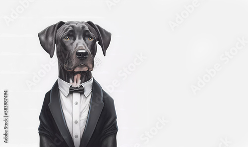 A dog in a business suit and a butterfly on a white background. Banner. AI generated © Елена Дзюба