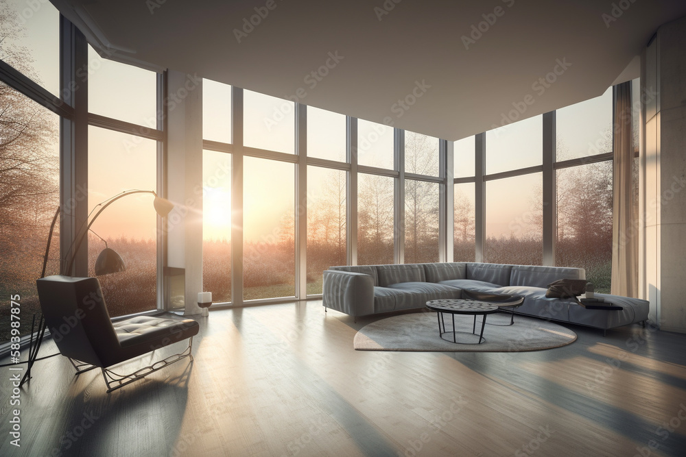 Fototapeta premium Spacious bright living room with panoramic windows. AI Generated
