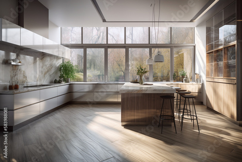 Spacious kitchen in modern style  brightly lit by the sun. AI Genarated