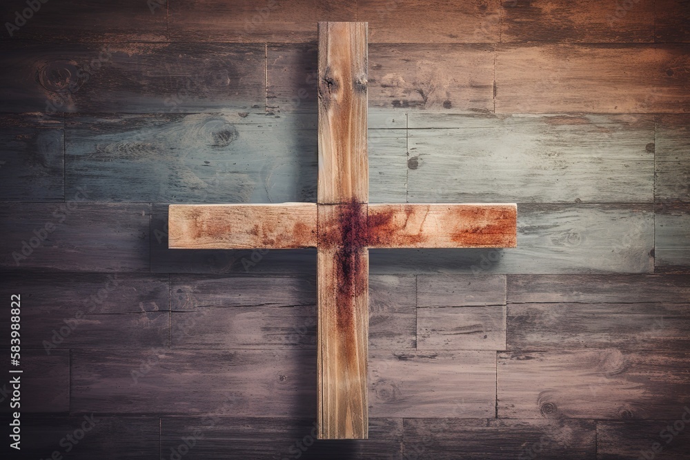 Lent Season, Holy Week and Good Friday concepts - photo of wooden cross in vintage background. Generative AI