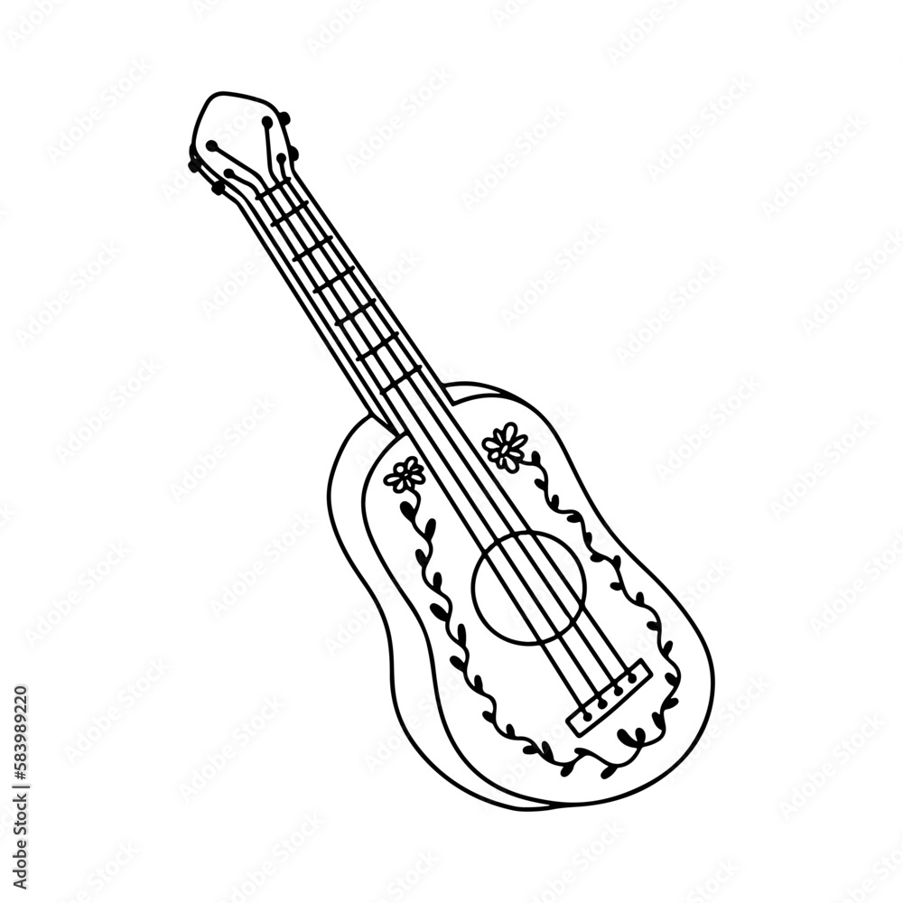 Mexican guitar in hand drawn doodle style. Vector illustration isolated ...