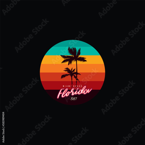Vintage round sunset in the style of the 80s. Vector background. A design element.