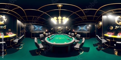 Photo of an elegantly furnished modern poker room with designer table, chairs, and lamps