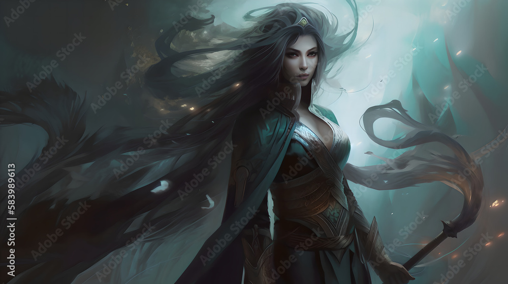 Fototapeta premium fantasy female character in a cool background (ai generated)