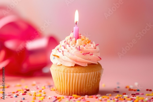 Birthday cupcake with candle, generative ai