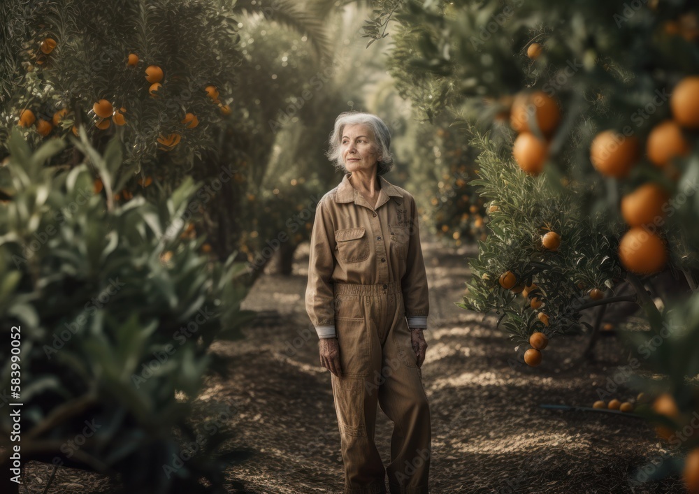 Portrait of an Elderly Woman Farmer in an Orange Grove. Concept of sustainability and organic farming.