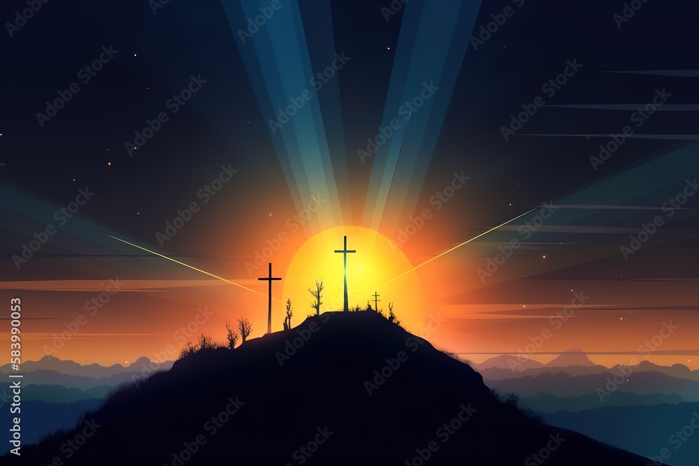 Jesus Christ At Sunrise - Three Crosses On Hill. Generative AI