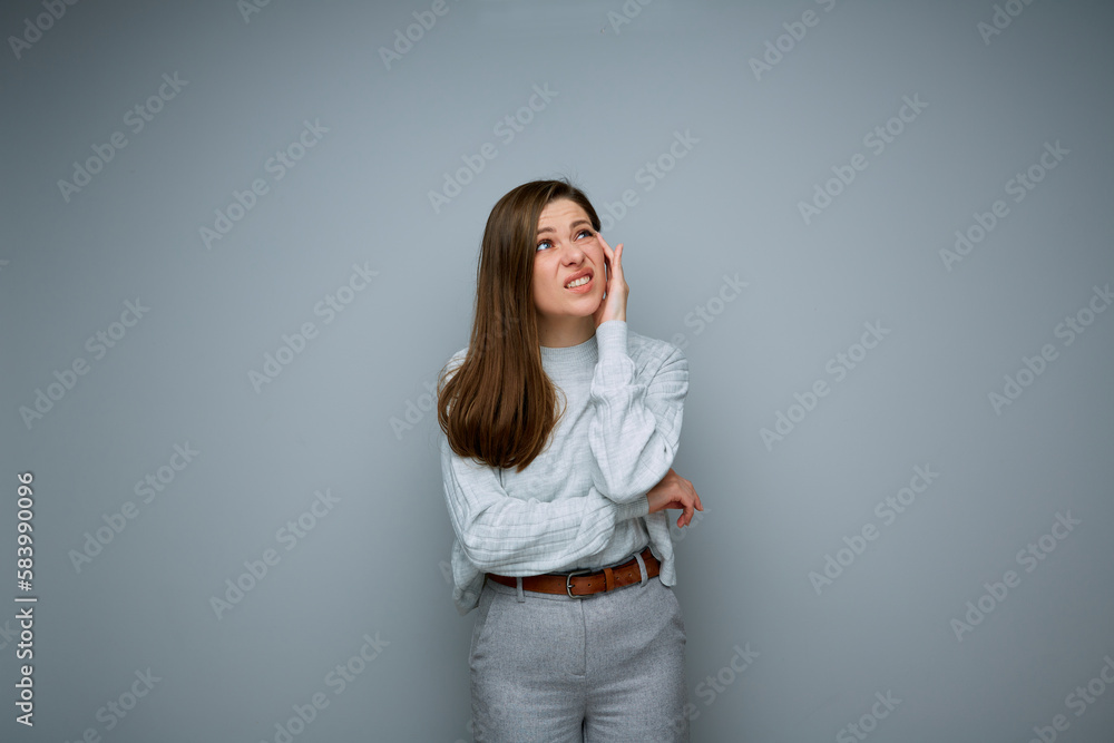Woman with headache isolated portrait. Woman with headache isolated portrait.