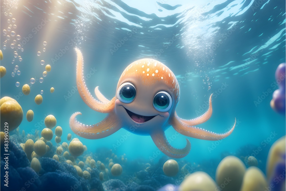 Wallpaper Illustration and background of a cute, adorable octopus. Front view. Concept of cute marine animals, children cartoon. Generative AI.