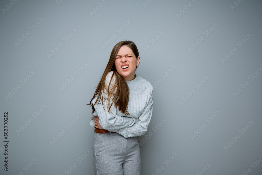 Woman with stomach pain. isolated portrait. Woman with stomach pain. isolated portrait.