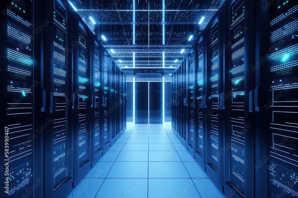 A glimpse into the heart of a computer network, with rows of servers stacked in a server room. Rendered by Generative AI. A glimpse into the heart of a computer network, with rows of servers stacked in a server room. Rendered by Generative AI.