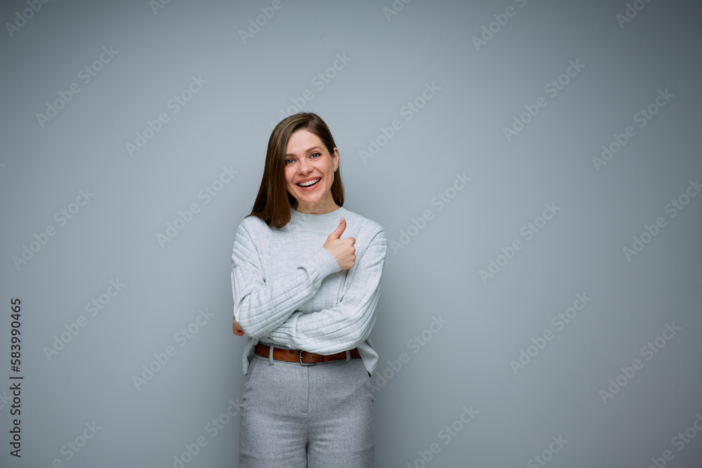 Smiling business woman show thumb up. like symbol. isolated female portrait. Smiling business woman show thumb up. like symbol. isolated female portrait.