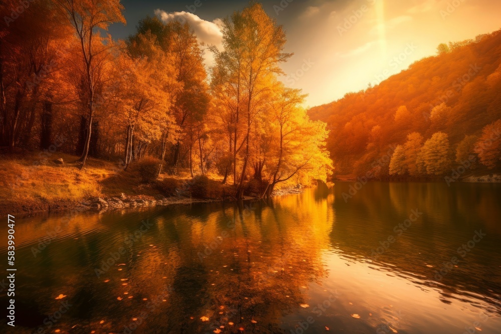 Landscape captures the essence of autumn in all its golden glory, with its rolling hills and shimmering trees providing a stunning backdrop for any project. Generative AI.