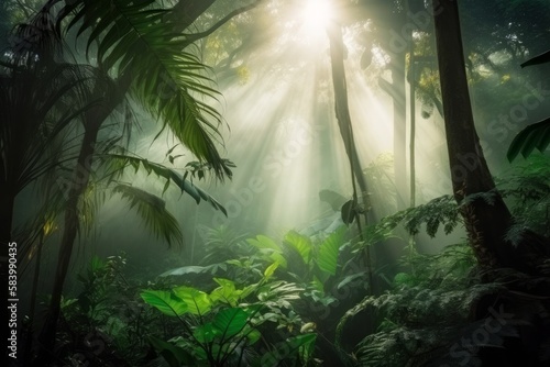 sun rays in the forest Generative AI