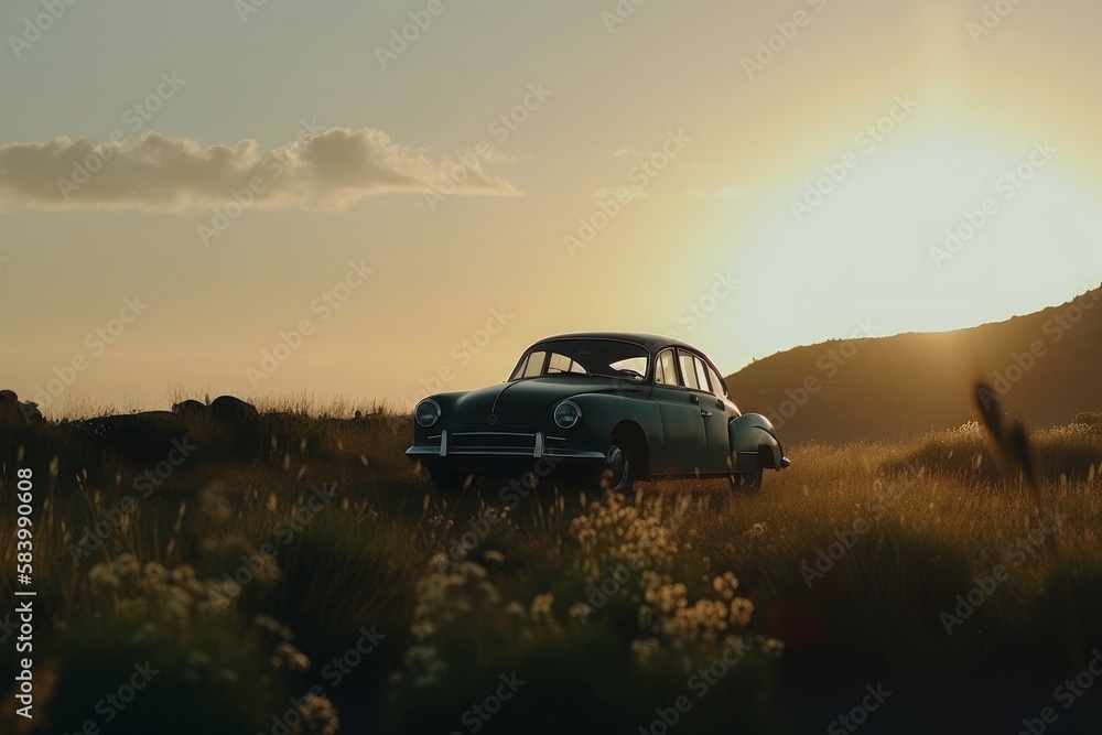 Sleek car winds its way through a natural landscape, the sun setting in the distance, casting a warm glow over the scene. The beauty of the natural world is captured in cinematic style. Generative AI