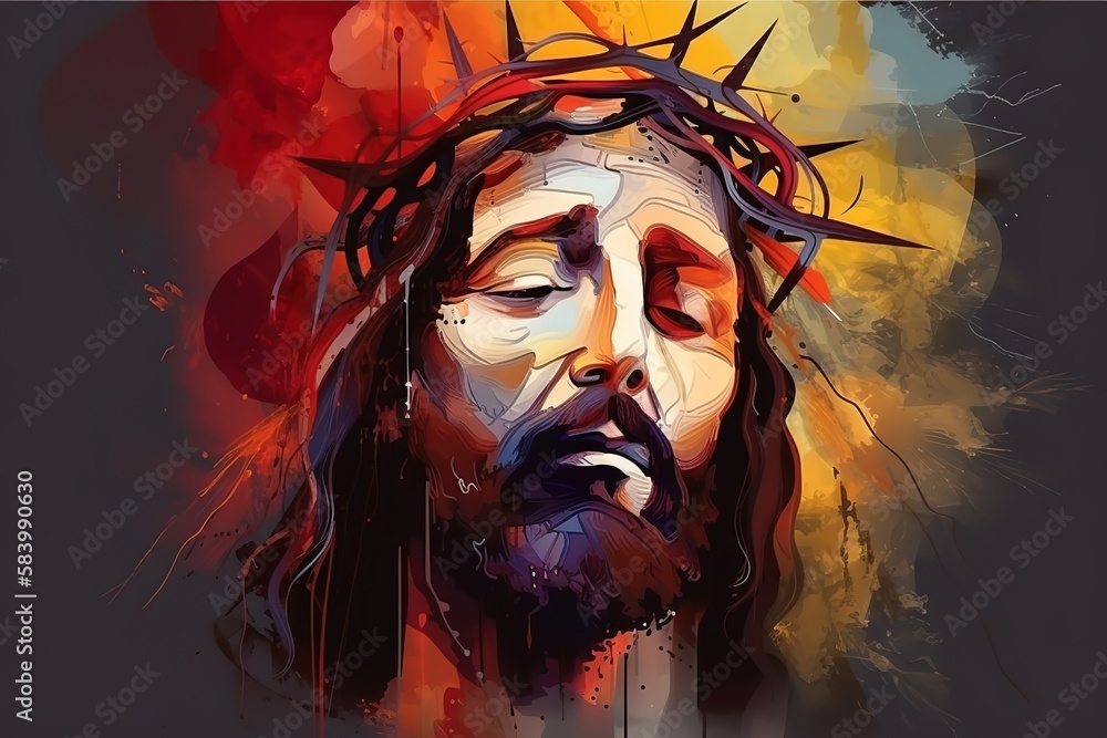 Portrait Jesus Christ crown of thorns banner original abstract art with space for copy text, easter and good friday. Generative AI