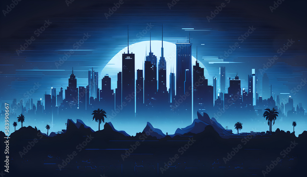 skyscrapers in blue colors. Retro style vector image in minimalism and neon watercolor