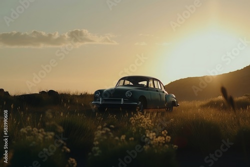 Sleek car winds its way through a natural landscape, the sun setting in the distance, casting a warm glow over the scene. The beauty of the natural world is captured in cinematic style. Generative AI © Kishore Newton