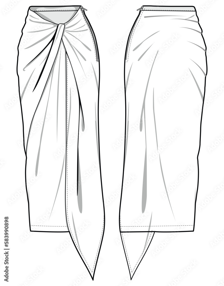 Women Wrap Skirt flat sketch illustration, wraparound skirt fashion