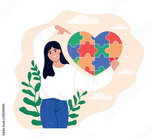 A girl and a symbol of autism. World Autism Awareness Day. Autism Awareness Month. Support and care for autistic patients.