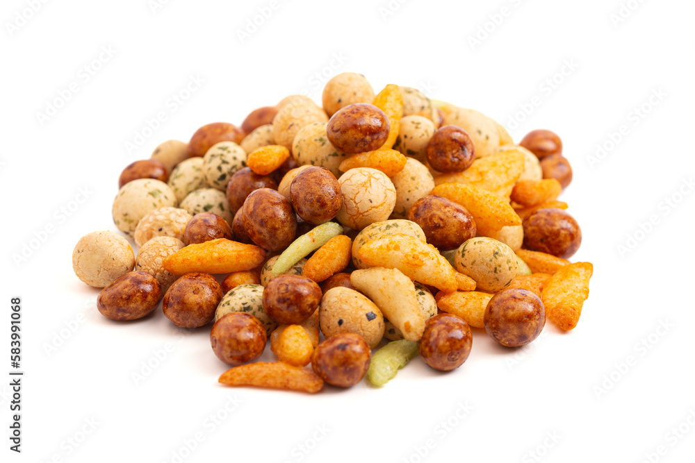 A Trail Mix of Various Rice Crackers a Spicy and Salty Snack on a White Background A Trail Mix of Various Rice Crackers a Spicy and Salty Snack on a White Background
