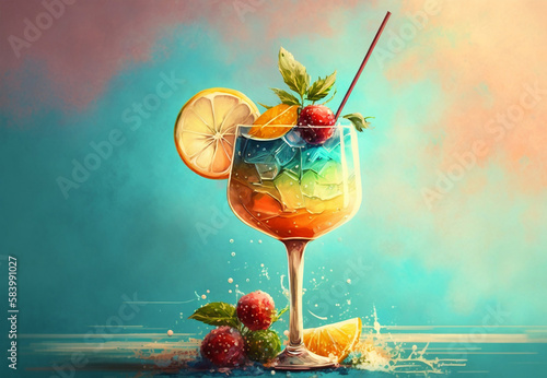 Tropical summer cocktail, illustration. Summer cocktail painting with tropical fruits. Watercolor coktail. Generative AI 