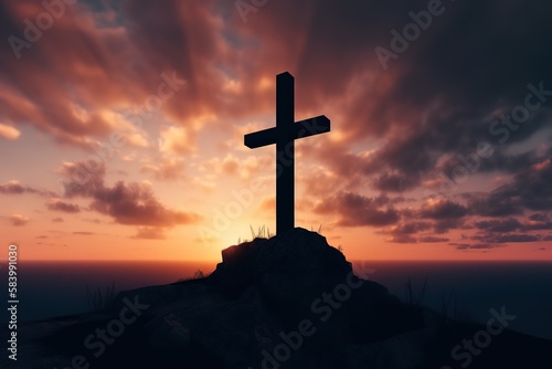 Silhouetted christian cross silhouette on the mountain at sunset. Generative AI