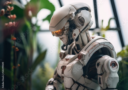 Cyborg at greenhouse. Futuristic agriculture farming. Generative AI.