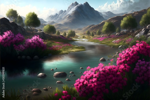 Wallpaper Illustration and background of beautiful flowers on the shore of the river. Front view with copy space for text information or content. Planting flowers, image for insperation. Generative AI