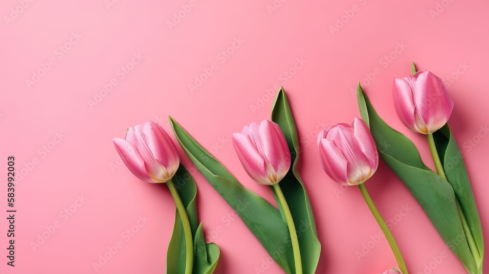 Beautiful floral set with spring tulip flowers on a pink background. Spring concept. Generative AI