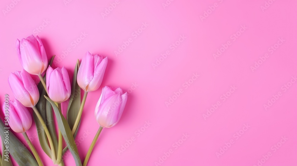 Beautiful floral set with spring tulip flowers on a pink background. Spring concept. Generative AI Beautiful floral set with spring tulip flowers on a pink background. Spring concept. Generative AI