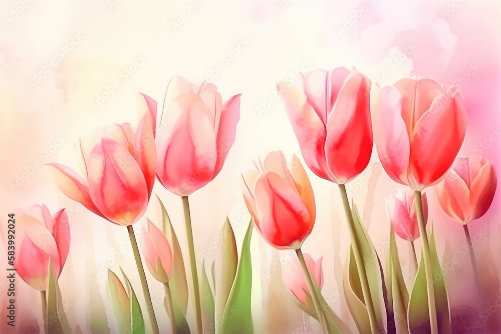 Beautiful floral set with watercolor spring tulip flowers. Spring concept. Generative AI