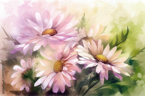 Spring watercolor background with daisies. Generative AI © Gelpi