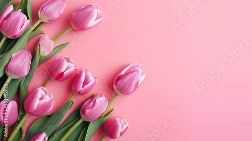 Beautiful floral set with spring tulip flowers on a pink background. Spring concept. Generative AI