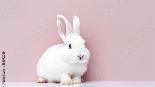 Adorable white rabbit on a pastel color background. Easter concept. Generative AI