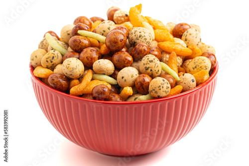 A Trail Mix of Various Rice Crackers a Spicy and Salty Snack on a White Background
