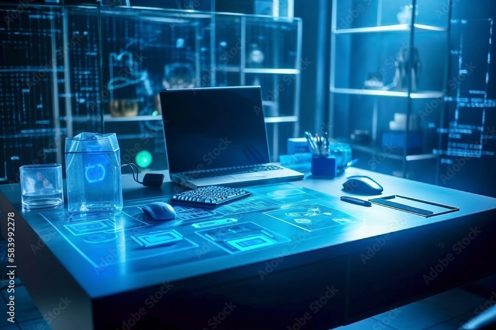 Modern Office, Sleek Laptop, Minimalist Desk, Holographic Information Protection, Generative AI